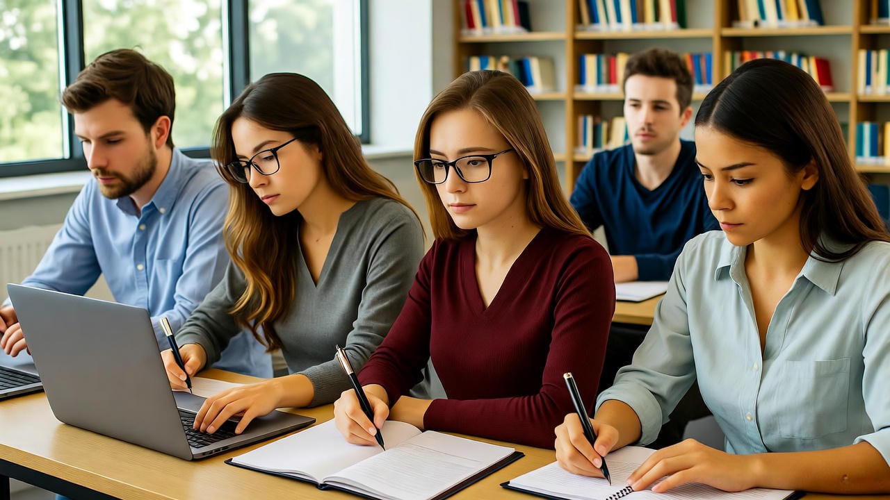 Group of focused college students studying together in a classroom, sitting at desks with laptops and notebooks, writing notes and typing during a lecture. Bookshelves filled with academic books are visible in the background, creating a productive learning environment.